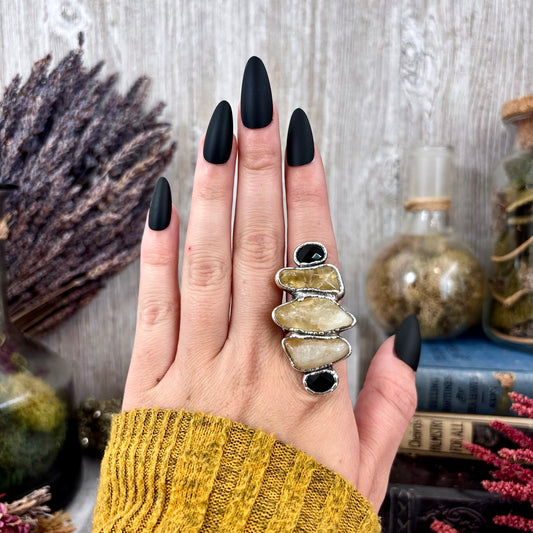 Multi Stone Citrine Black Onyx Ring In Silver Size 6.5 / Foxlark Collection