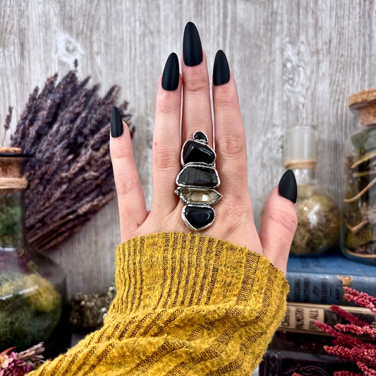 Multi Stone Black Obsidian Onyx Smoky Quartz Ring In Silver Size 9 / Foxlark Collection