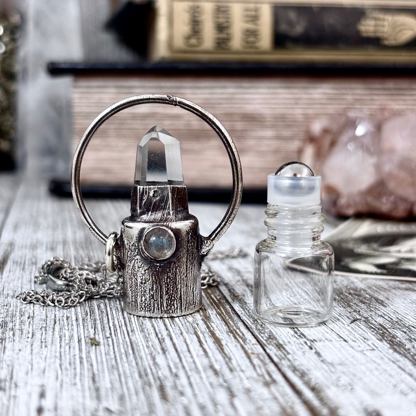 Clear Quartz and Labradorite Crystal Necklace / Silver Rollerball Necklace