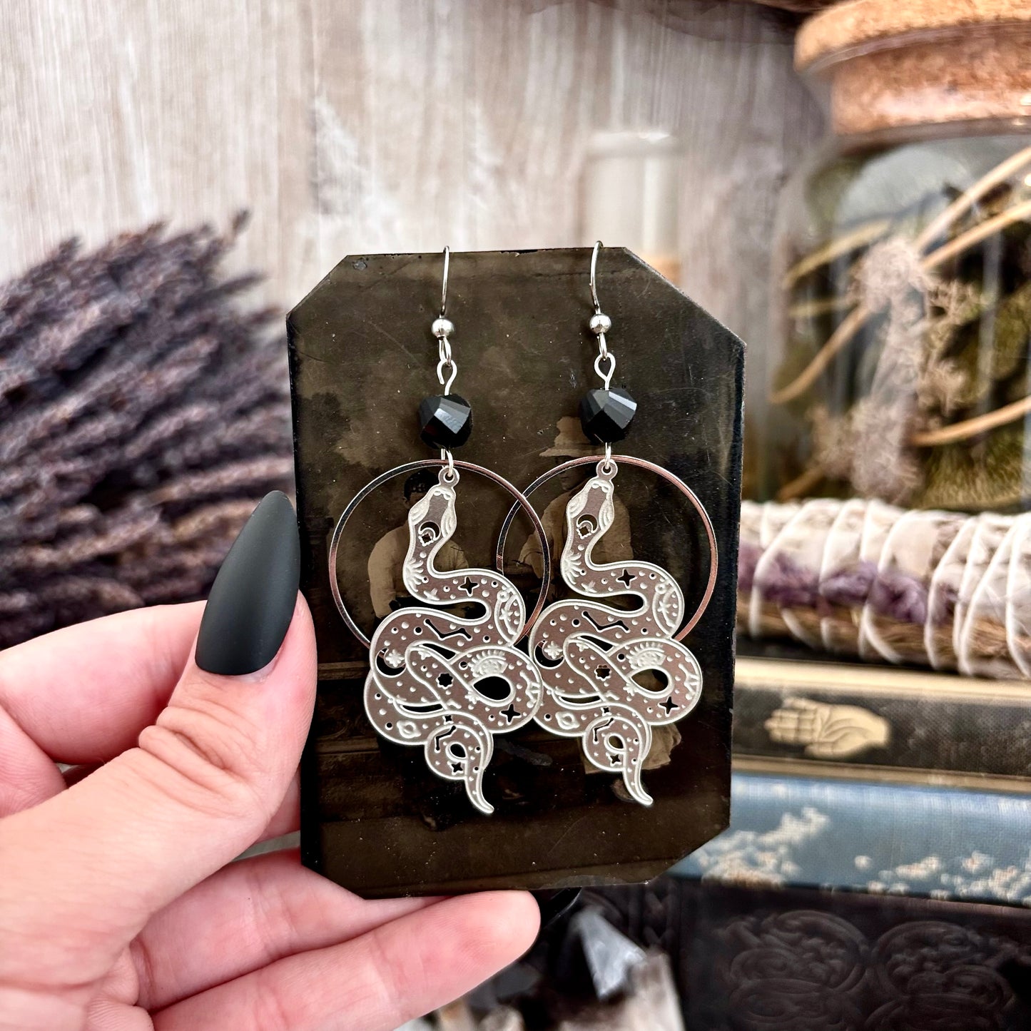 Constellations Snake Black Obsidian Beaded Hoop Earrings Stainless Steel Earrings