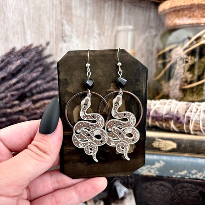 Constellations Snake Black Obsidian Beaded Hoop Earrings Stainless Steel Earrings