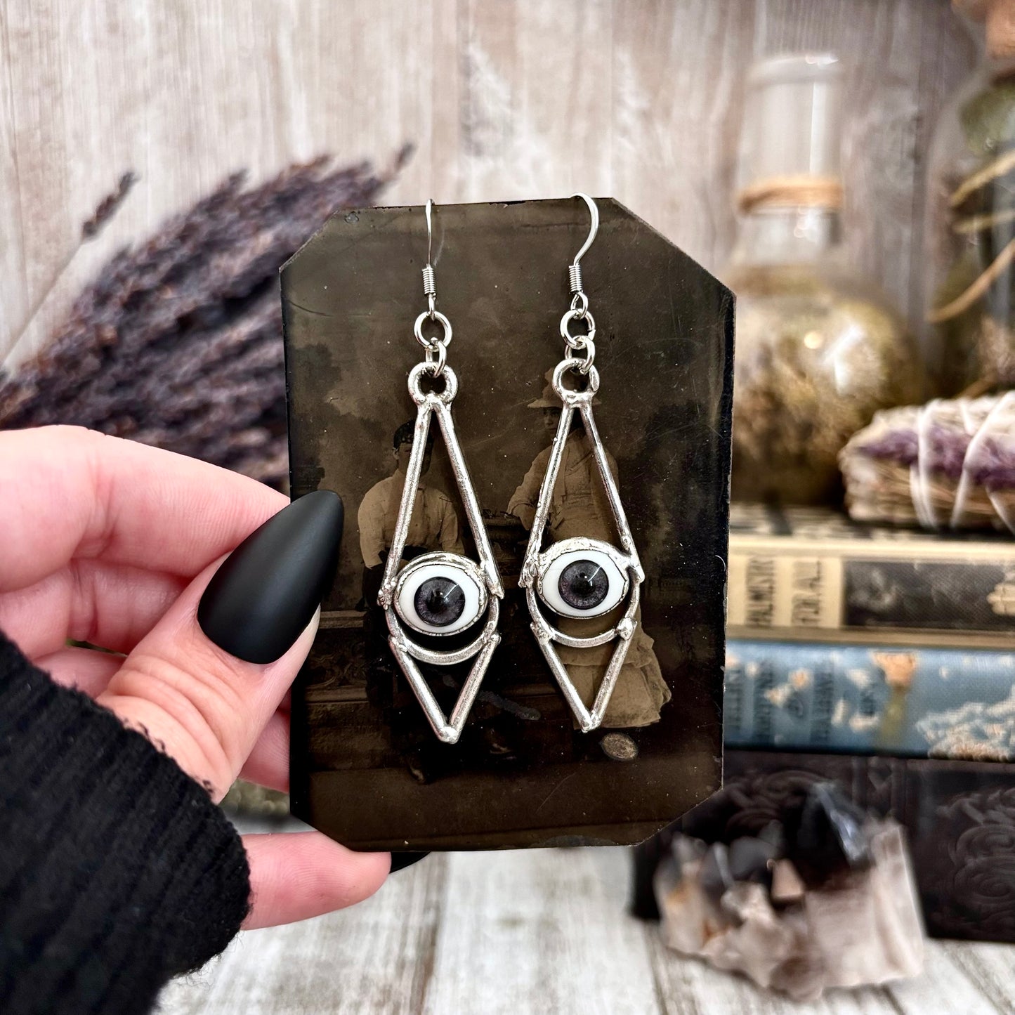 Grey Iris Eyeball Fine Silver Earrings / Long Dangle Witchy Earrings