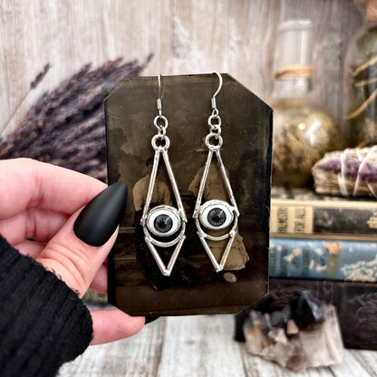 Grey Iris Eyeball Fine Silver Earrings / Long Dangle Witchy Earrings