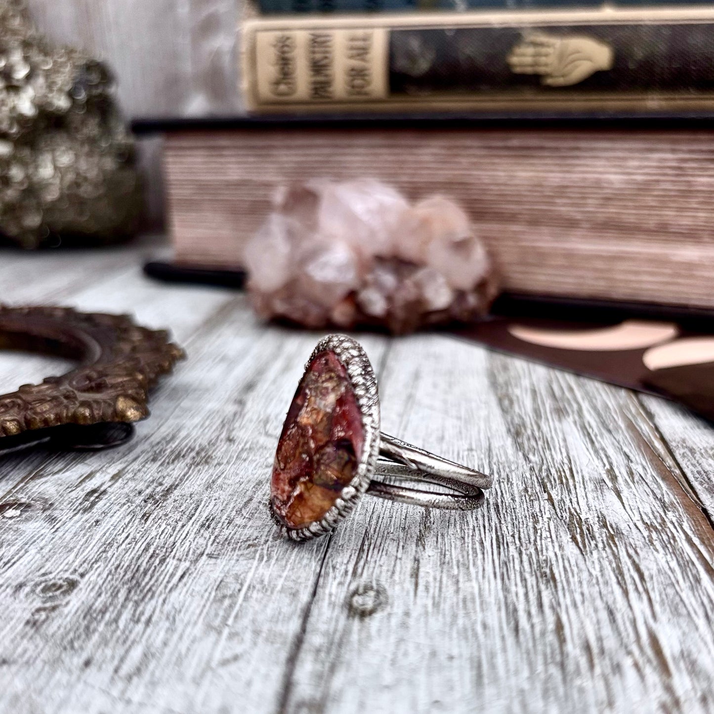 Fire Opal Crystal Ring Set in Fine Silver Size 10 / Foxlark Collection - One of a Kind