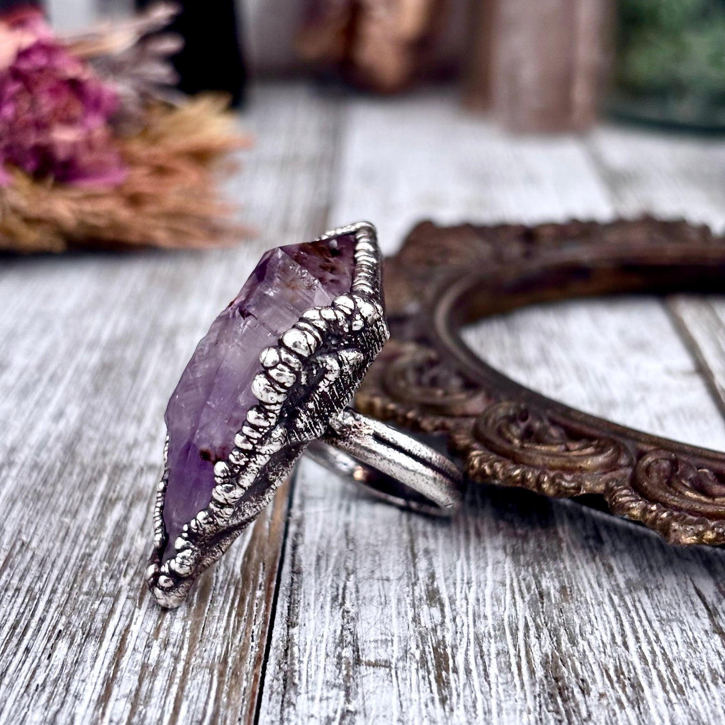 Raw Amethyst Crystal  Ring Set in Fine Silver Size 6.5 / Foxlark Collection - One of a Kind