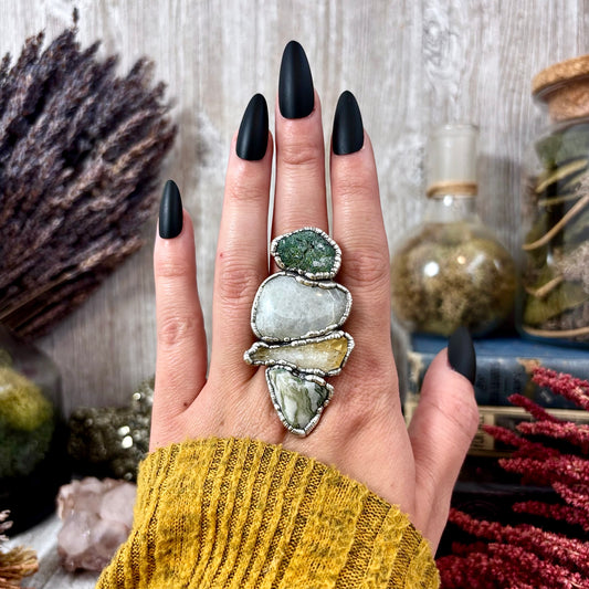 Multi Stone Moss Agate Citrine Rainbow Moonstone Ring In Silver Size 10 / Foxlark Collection
