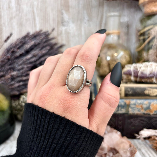 Peach Moonstone Ring Fine Silver Stone Ring Size 8 / Foxlark Collection