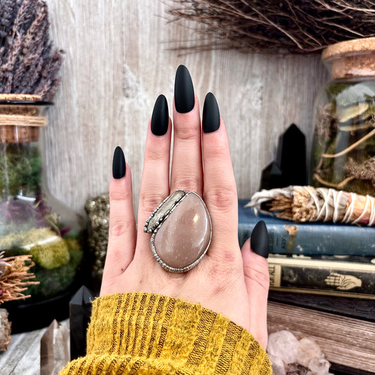 Peach Moonstone Clear Quartz Crystal Ring Set in Fine Silver Size 9 / Foxlark Collection - One of a Kind