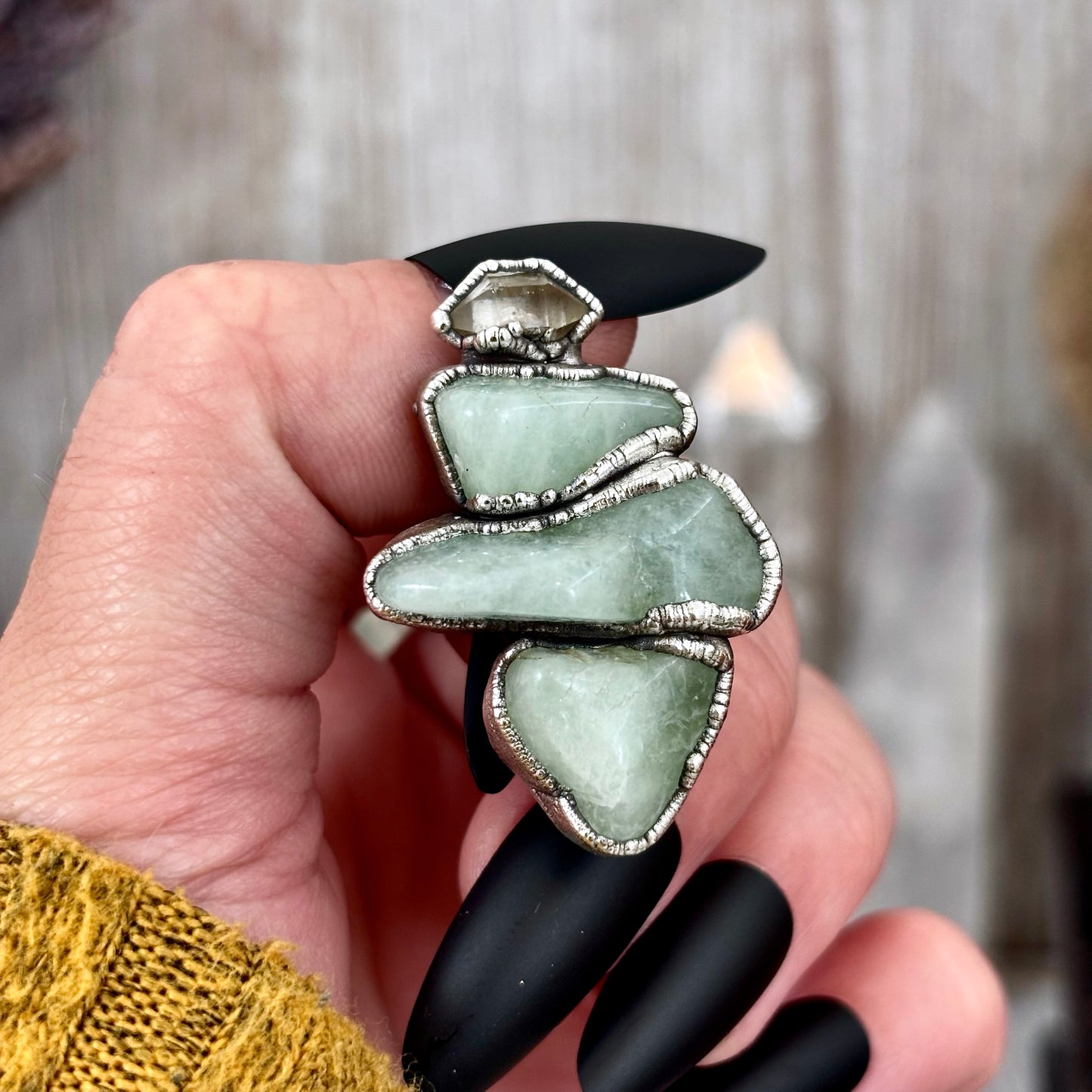 Multi Stone Aquamarine Herkimer Diamond Ring In Silver Size 6.5 / Foxlark Collection