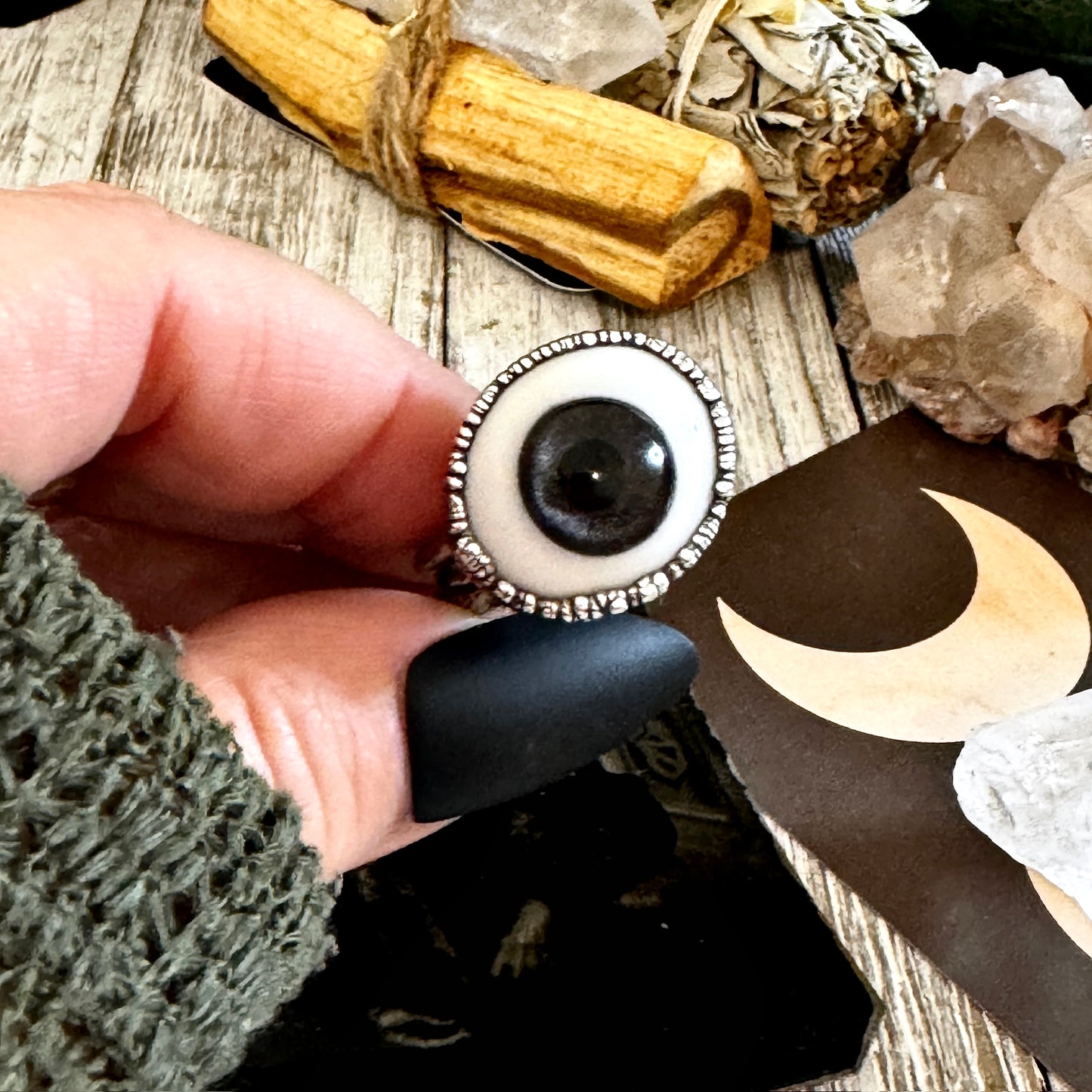 Grey Iris Glass Eye Statement Ring Silver Size 11  / Foxlark Collection FOXLARK