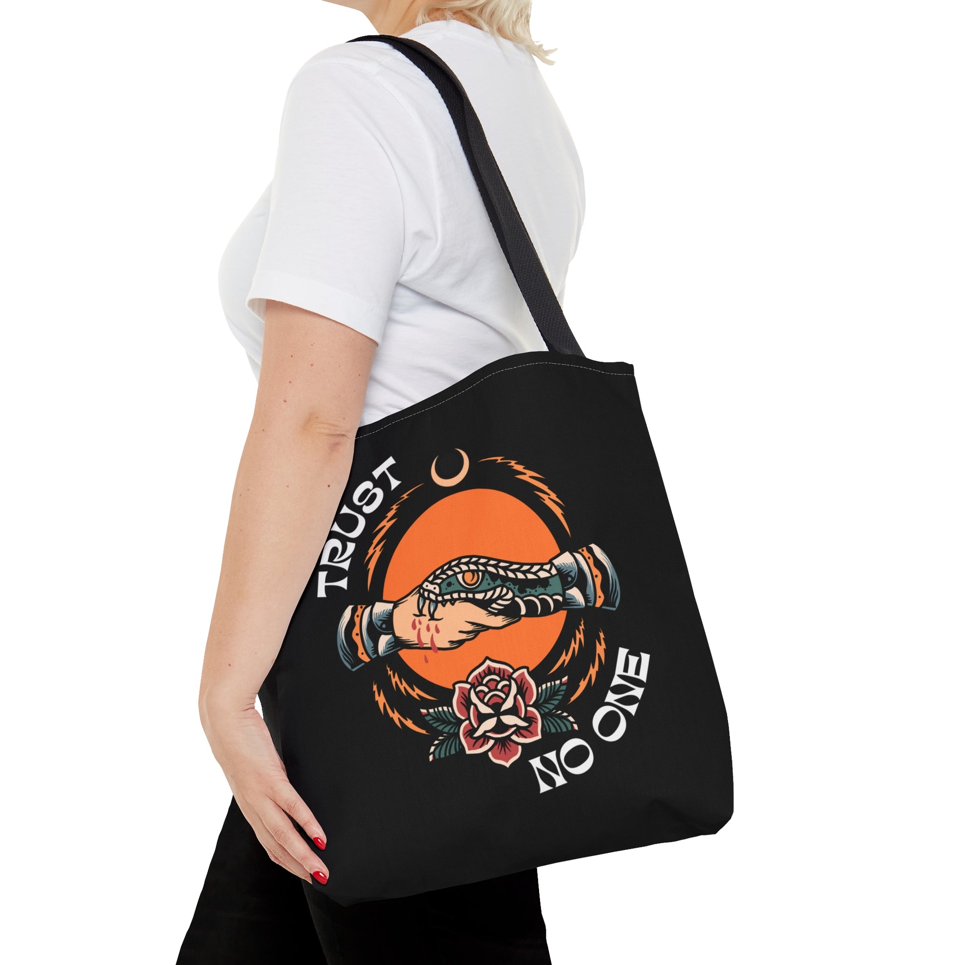 Trust No One Snake Bite Tattoo Tote Bag in Black / Vintage American Old School Traditional Tattoo Flash / Punk Rock Beach Shopping - Foxlark Crystal Jewelry