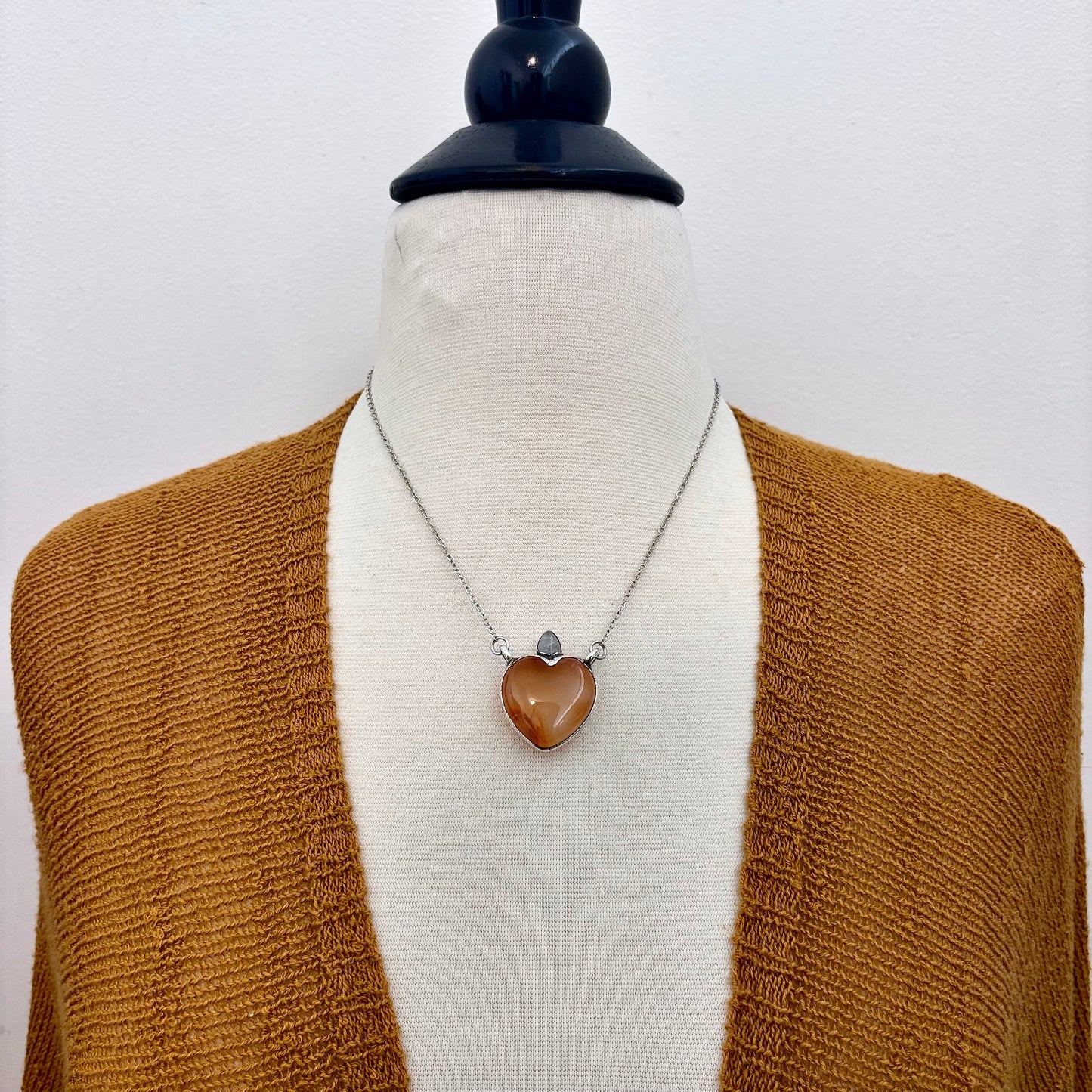 Carnelian Heart Rose Quartz Teardrop Statement Necklace in Fine Silver / Foxlark Collection - One of a Kind