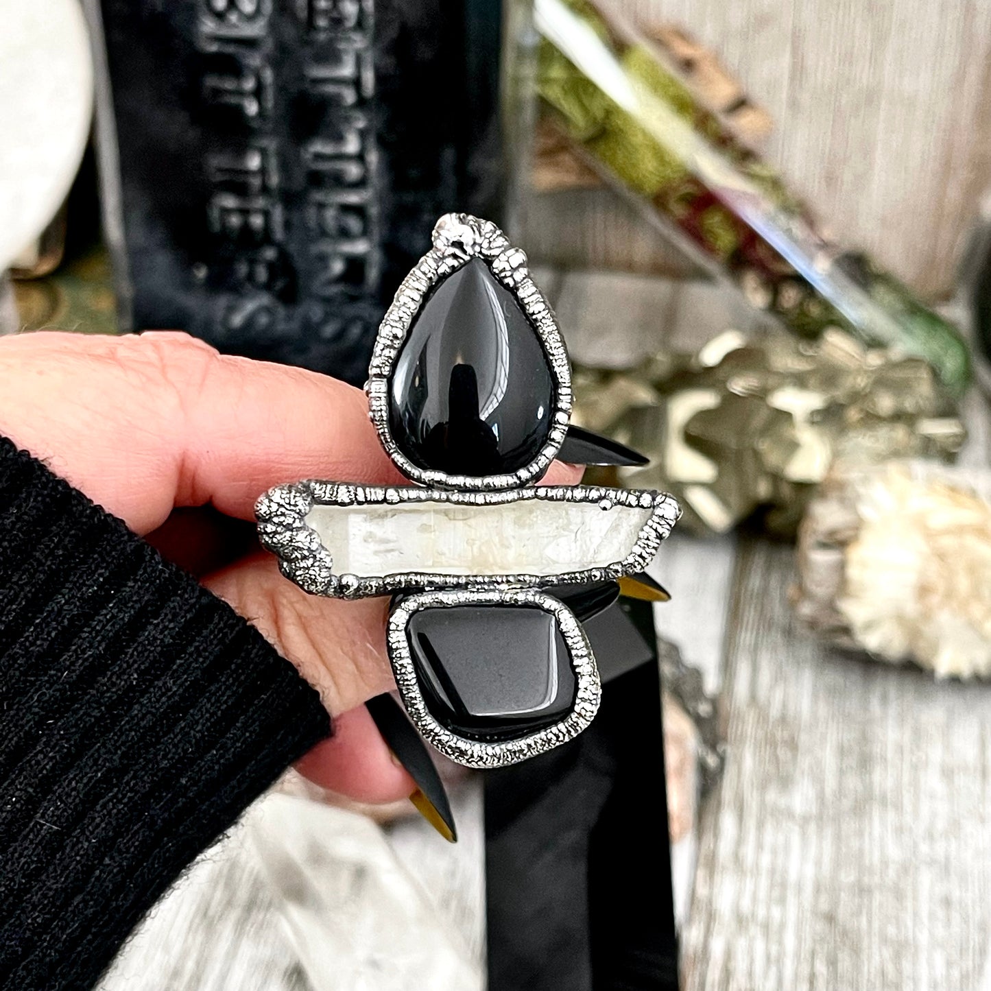 Size 7.5 Crystal Ring - Three Stone Ring Black Onyx Raw Clear Quartz Ring Silver / Foxlark Collection - One of a Kind