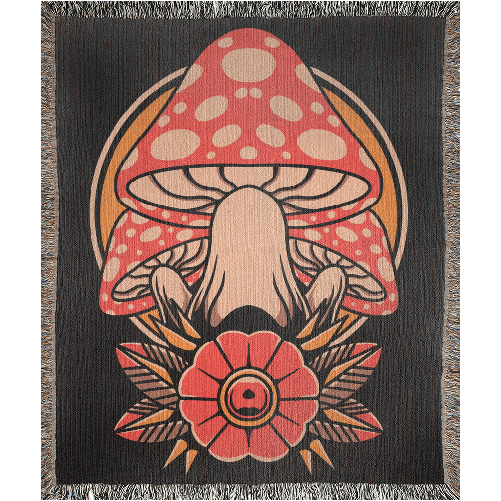 Mushroom Traditional Tattoo Style - Woven Blanket - Foxlark Crystal Jewelry