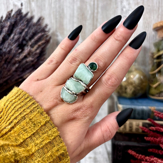 Multi Stone Aquamarine Moss Agate Ring In Silver Size 8.5 / Foxlark Collection