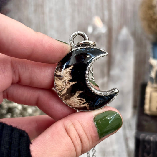Fossilized Palm Root Crescent Moon Necklace in Fine Silver  / Foxlark Collection - One of a Kind
