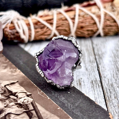 Raw Amethyst Crystal  Ring Set in Fine Silver Size 8 / Foxlark Collection - One of a Kind