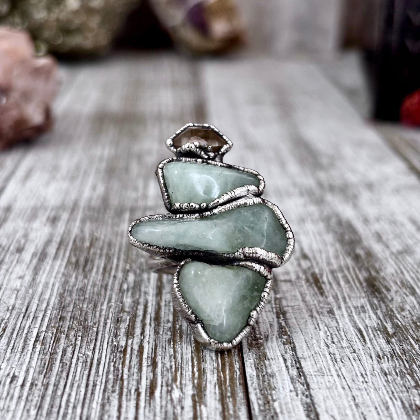 Multi Stone Aquamarine Herkimer Diamond Ring In Silver Size 6.5 / Foxlark Collection