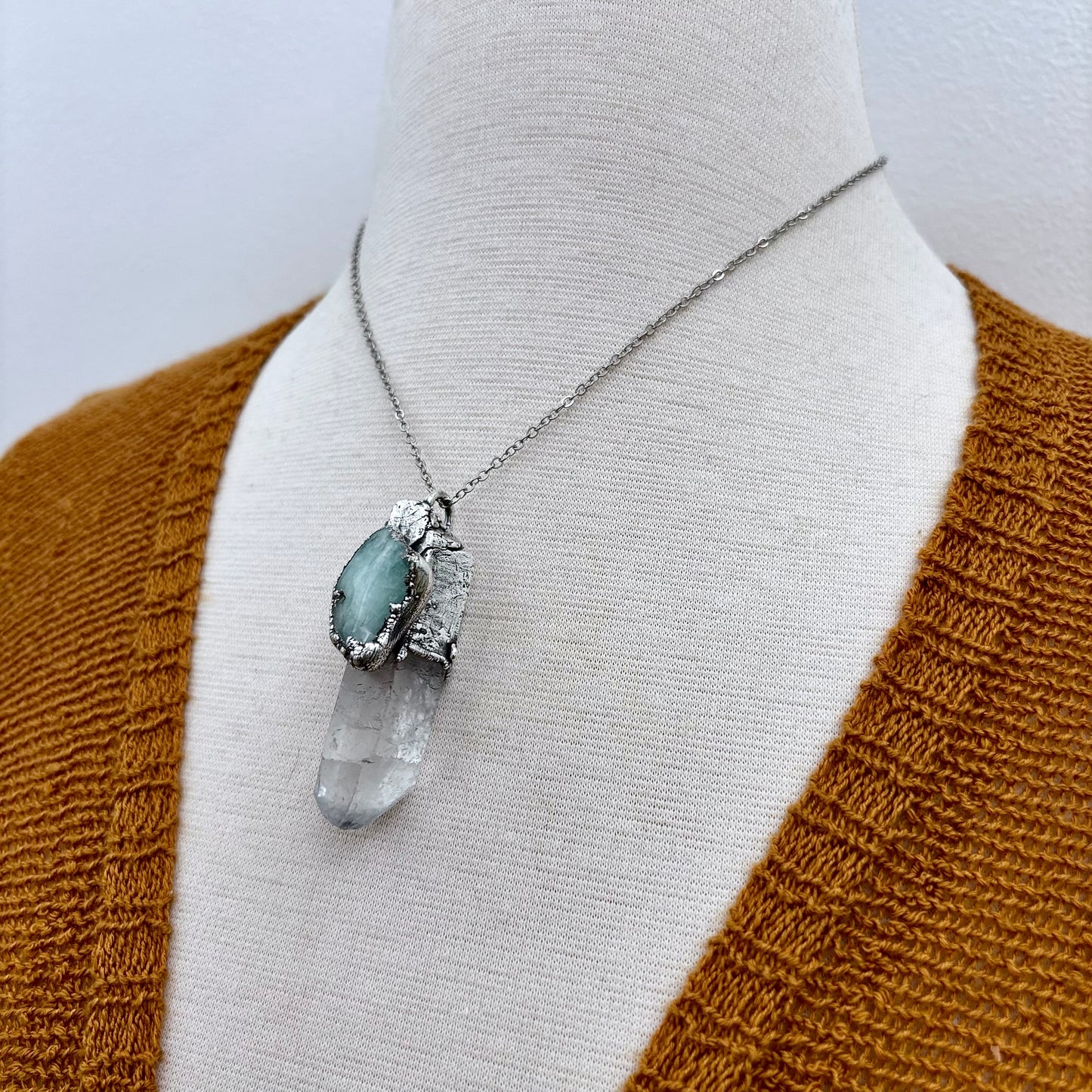 Clear Quartz & Aquamarine Crystal Statement Necklace in Fine Silver / Foxlark Collection