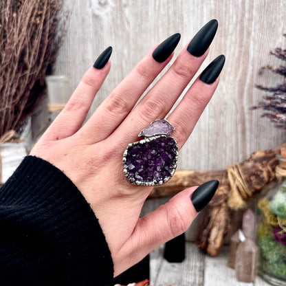 Raw Purple Amethyst Crystal Geode Ring in Fine Silver Size 8 / Foxlark Collection