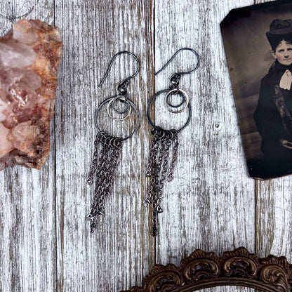 Sterling Silver Gunmetal Hoop Fringe Earrings / Long Dangle Witchy Earrings
