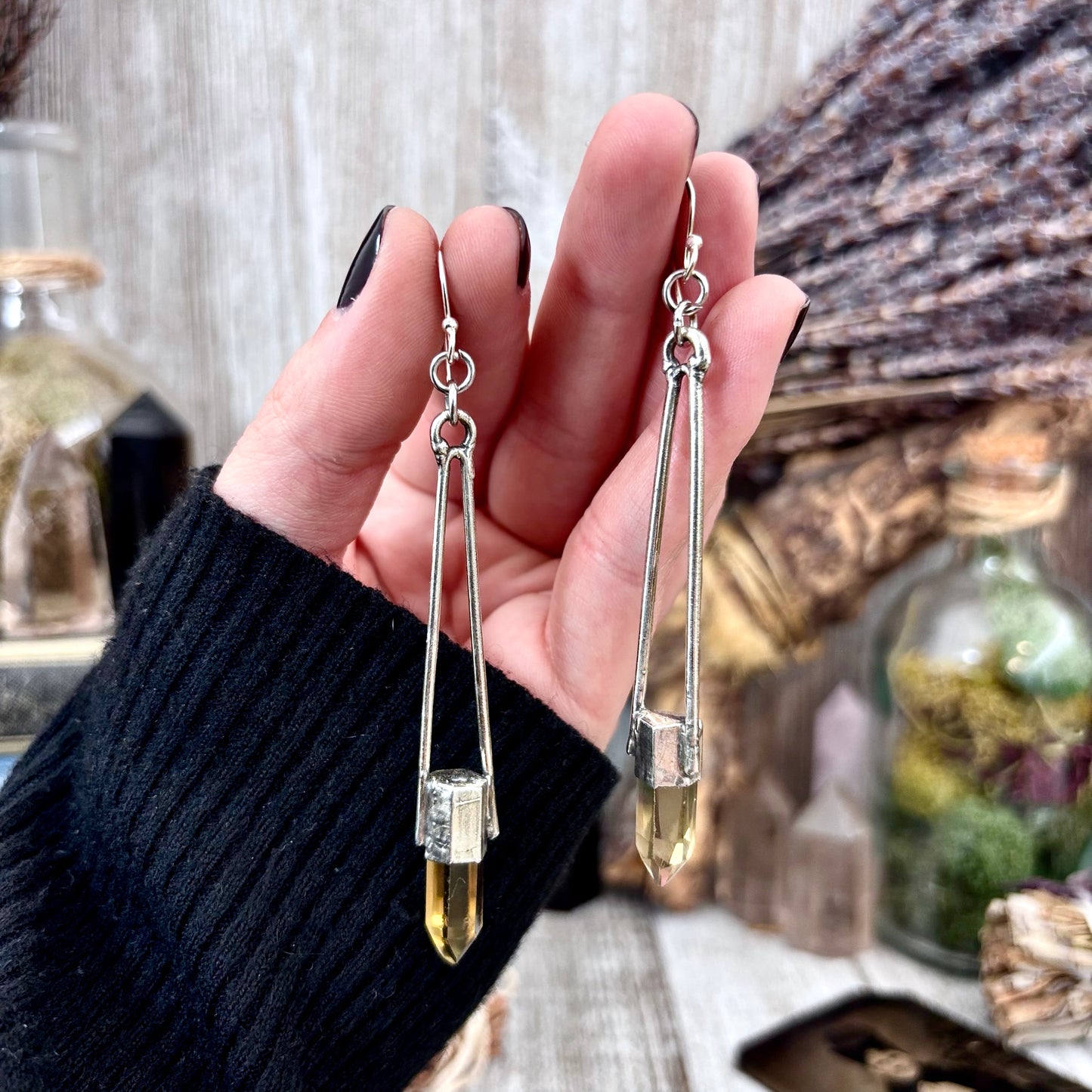 Citrine Fine Silver Crystal Earrings / Long Dangle Witchy Earrings