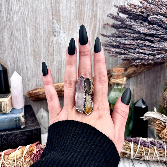 Three Stone Raw Vera Cruz Amethyst Smoky Quartz Citrine Ring In Silver Size 9 / Foxlark Collection