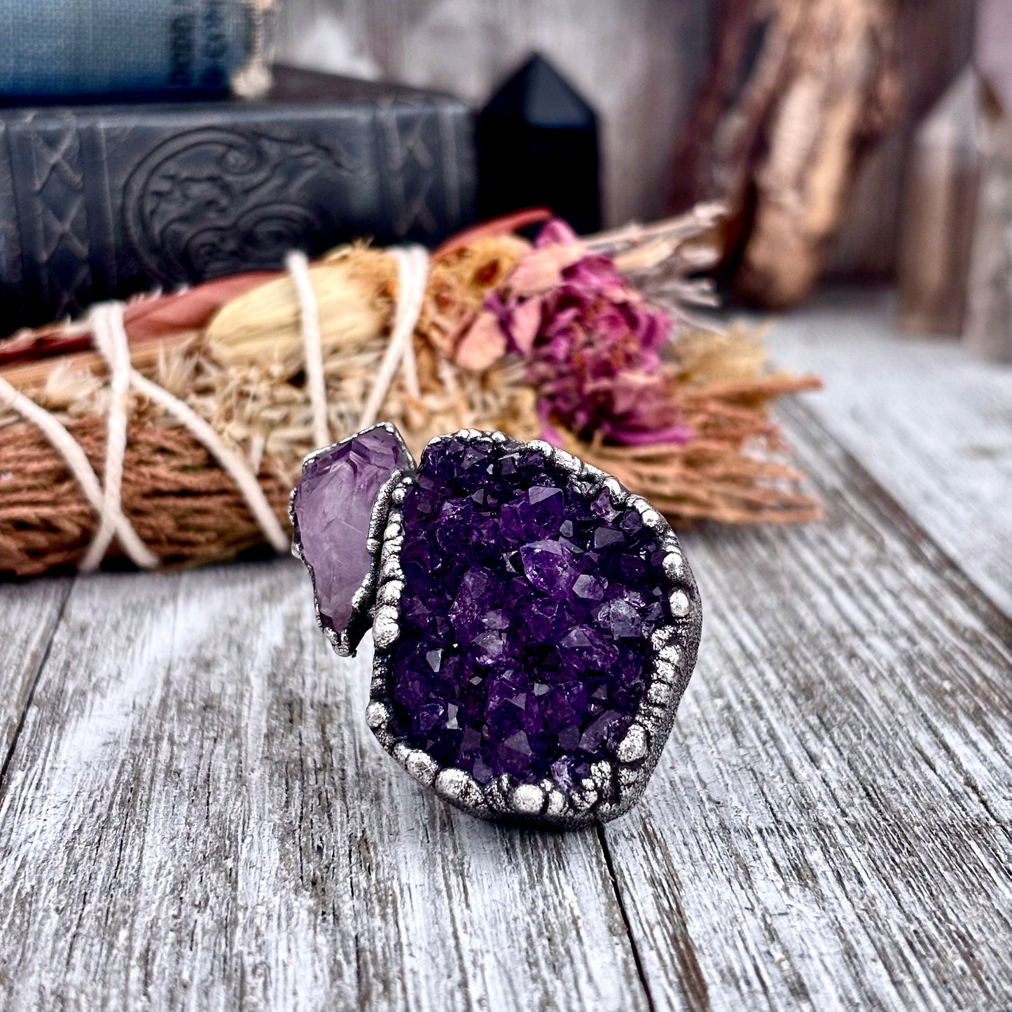 Raw Purple Amethyst Crystal Geode Ring in Fine Silver Size 8 / Foxlark Collection