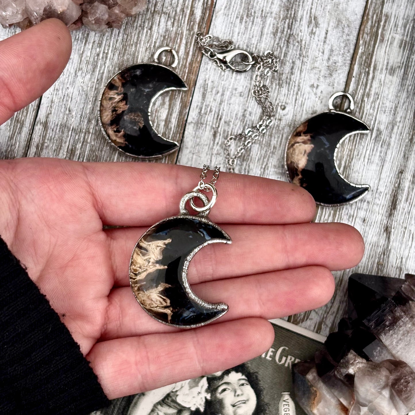 Fossilized Palm Root Crescent Moon Necklace in Fine Silver  / Foxlark Collection - One of a Kind