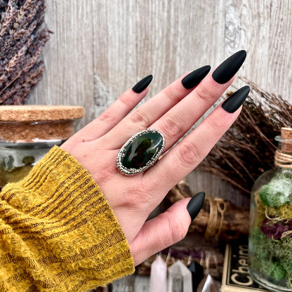 Green Bloodstone Crystal Statement Ring Size 11 Fine Silver  / Foxlark Collection