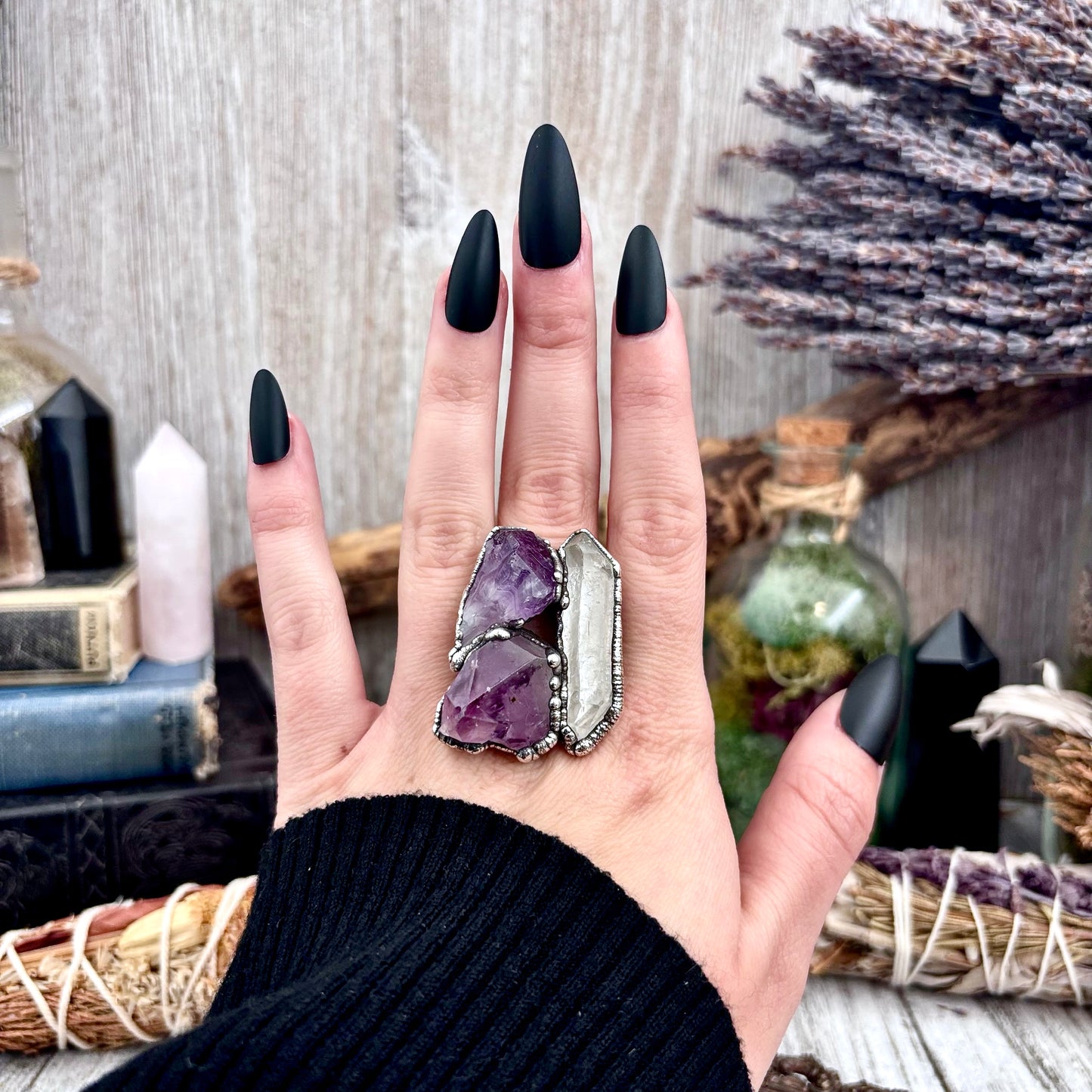 Three Stone Raw Amethyst Clear Quartz Ring In Silver Size 9.5 / Foxlark Collection
