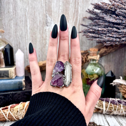 Three Stone Raw Amethyst Clear Quartz Ring In Silver Size 9.5 / Foxlark Collection