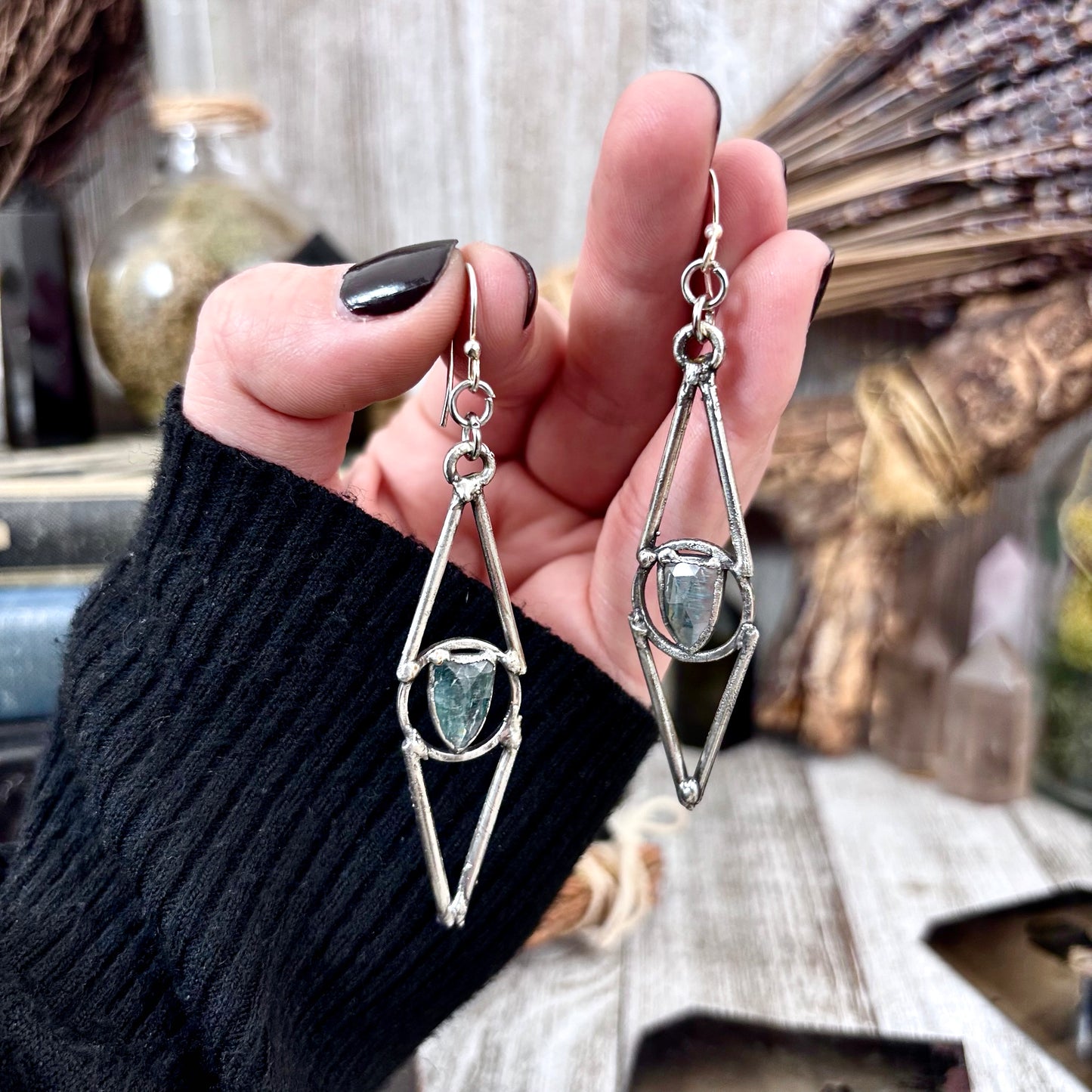 Blue Kyanite Fine Silver Crystal Earrings / Long Dangle Witchy Earrings