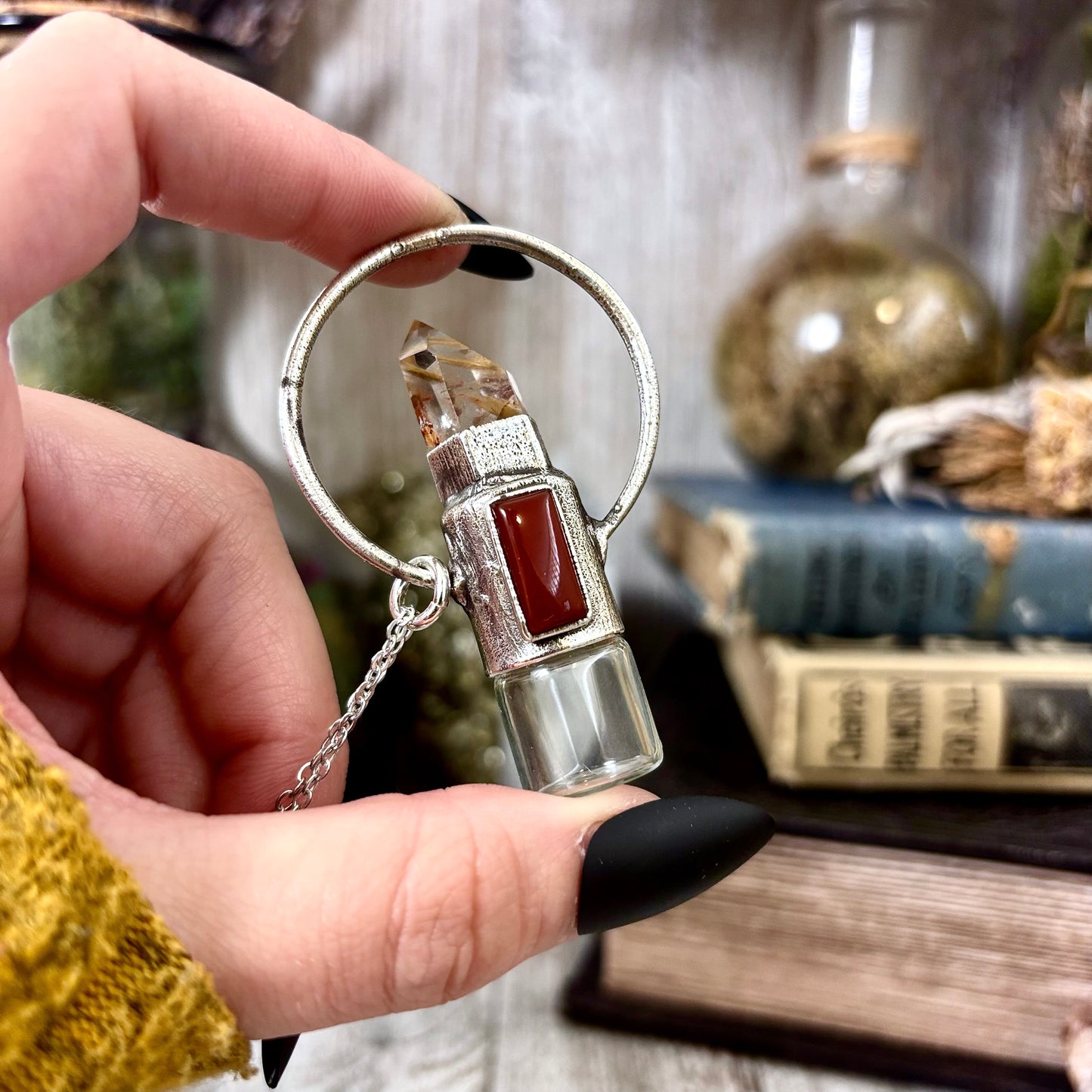 Garden Quartz and Carnelian Crystal Necklace / Silver Rollerball Necklace