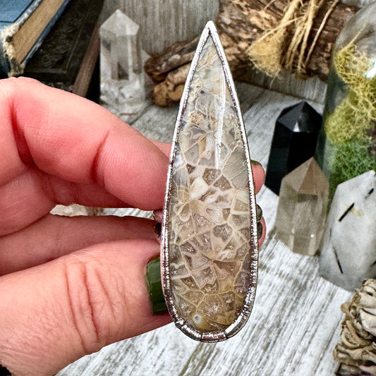 Big Fossilized Coral Crystal Ring Fine Silver Size 8.5 / Foxlark Collection - One of a Kind