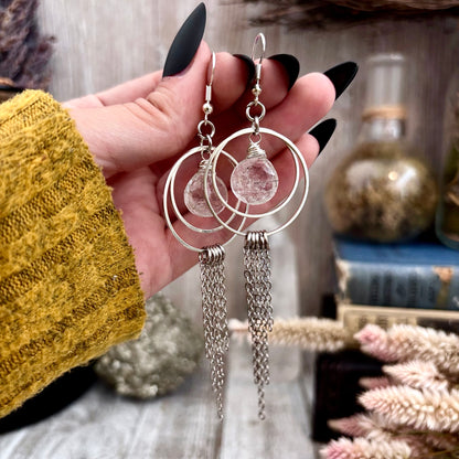 Tourmaline Quartz Hoop Fringe Earrings / Long Dangle Witchy Earrings