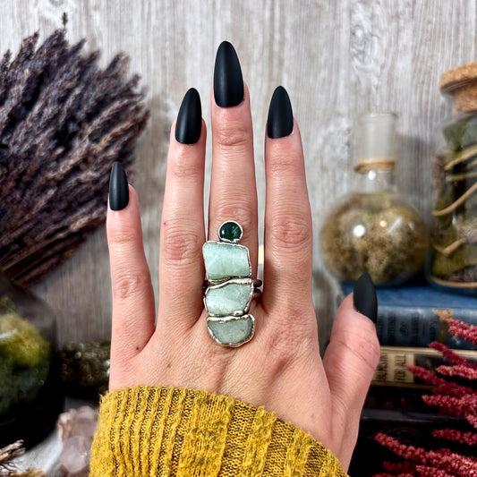 Multi Stone Aquamarine Moss Agate Ring In Silver Size 8.5 / Foxlark Collection