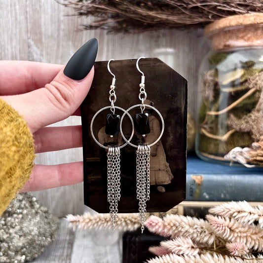 Black Onyx Hoop Fringe Earrings / Long Dangle Witchy Earrings