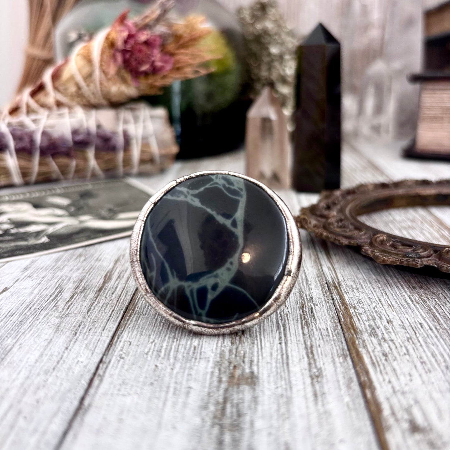 Spiderweb Obsidian Crystal Ring Fine Silver Size 9.5 / Foxlark Collection - One of a Kind