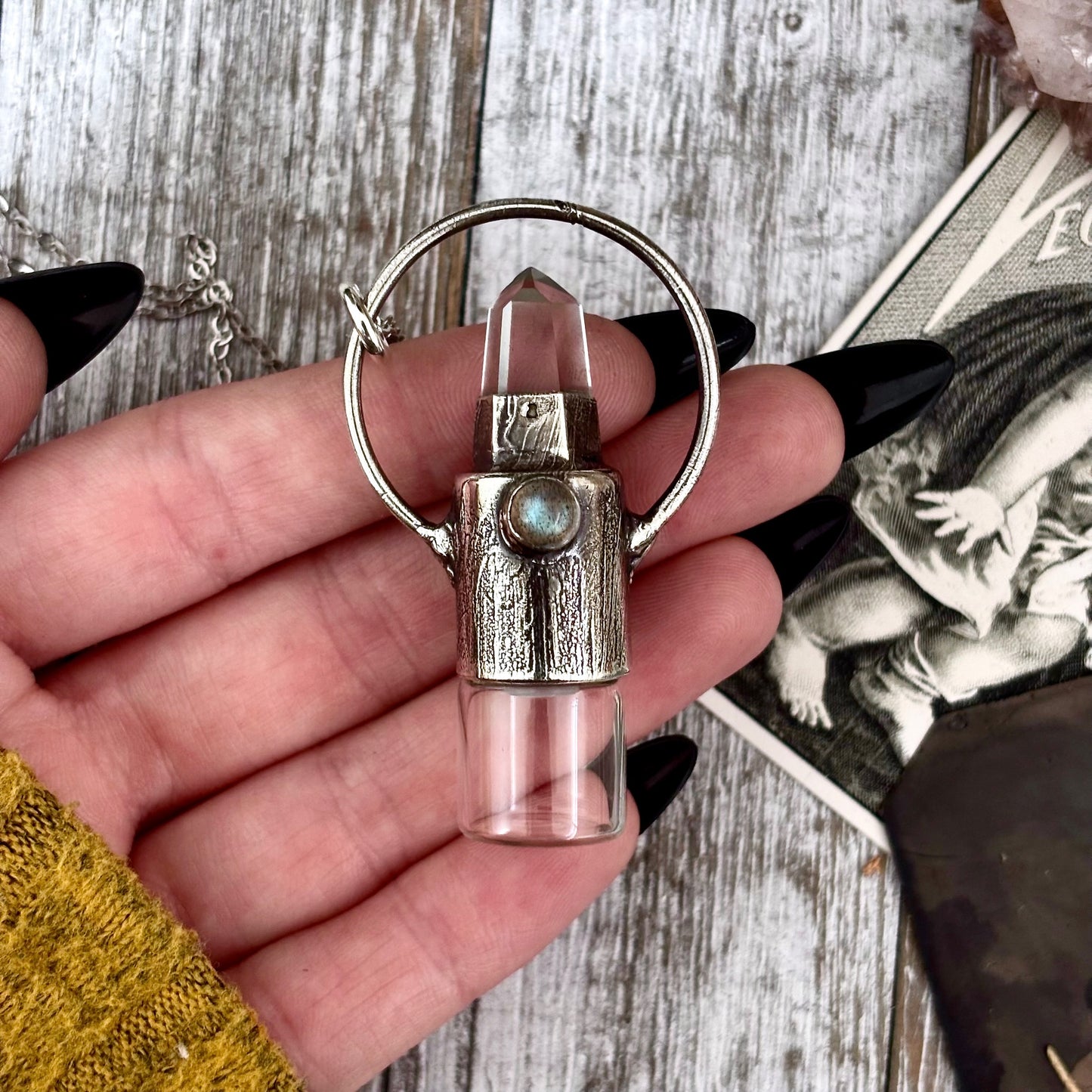Clear Quartz and Labradorite Crystal Necklace / Silver Rollerball Necklace
