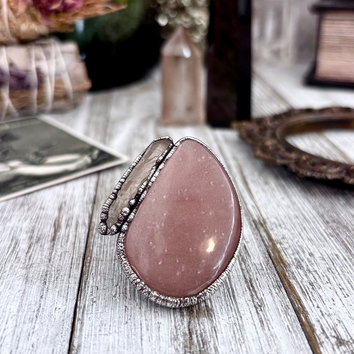 Peach Moonstone Clear Quartz Crystal Ring Set in Fine Silver Size 9 / Foxlark Collection - One of a Kind