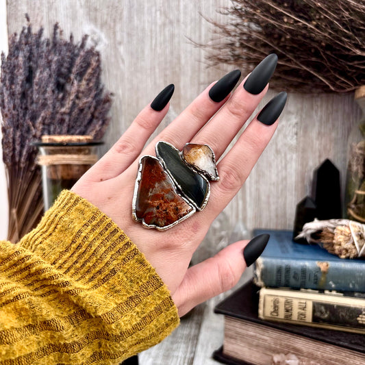 Fossilized Wood Blue Tigers Eye Citrine Ring Set in Fine Silver Size 8.5 / Foxlark Collection - One of a Kind