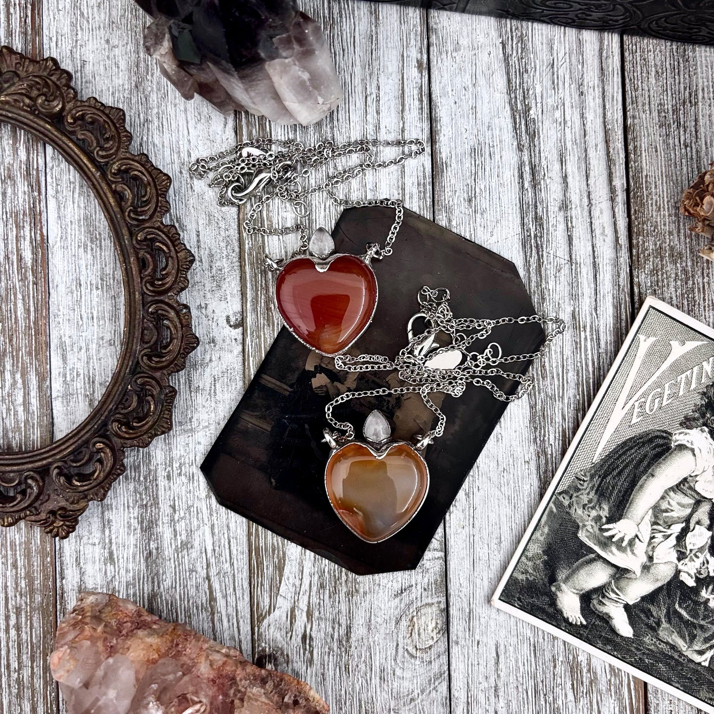 Carnelian Heart Rose Quartz Teardrop Statement Necklace in Fine Silver / Foxlark Collection - One of a Kind