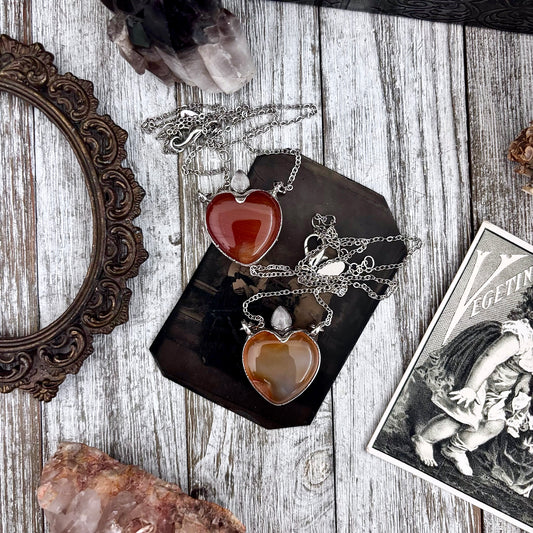 Carnelian Heart Rose Quartz Teardrop Statement Necklace in Fine Silver / Foxlark Collection - One of a Kind