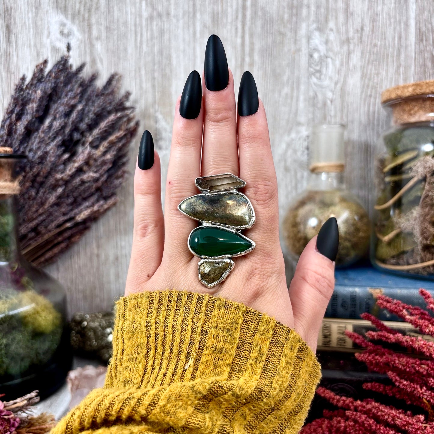Multi Stone Pyrite Green Agate Smoky Quartz Ring In Silver Size 8 / Foxlark Collection
