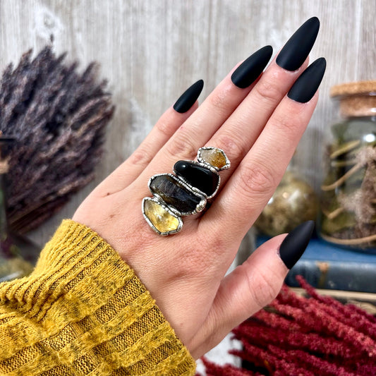 Multi Stone Citrine Black Obsidian Smoky Quartz Ring In Silver Size 7 / Foxlark Collection