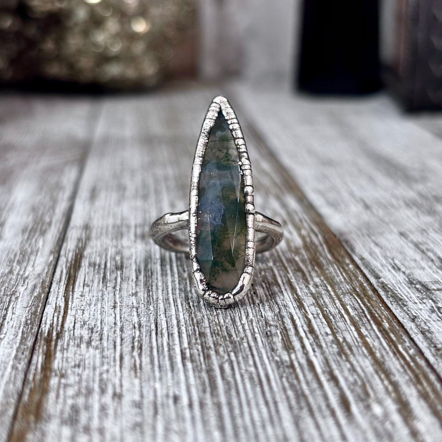 Green Moss Agate Ring Fine Silver Small Faceted Stone Ring Size 5 6 7 8 9 10 11 / Foxlark Collection
