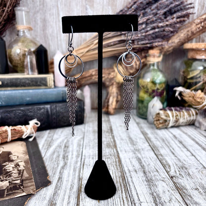 Sterling Silver Gunmetal Hoop Fringe Earrings / Long Dangle Witchy Earrings