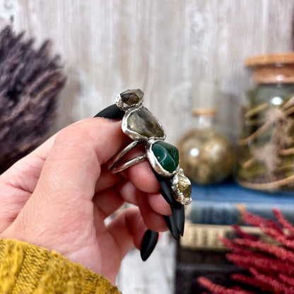 Multi Stone Pyrite Green Agate Smoky Quartz Ring In Silver Size 8 / Foxlark Collection