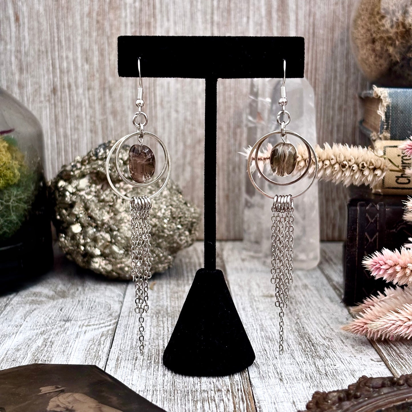 Smoky Quartz Hoop Fringe Earrings / Long Dangle Witchy Earrings
